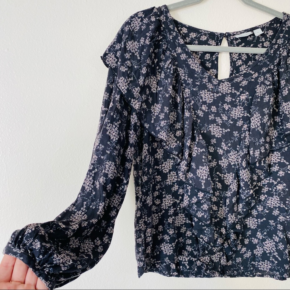 Hinge floral print bohemian Ruffle front long sleeve blouse top black - Picture 5 of 8